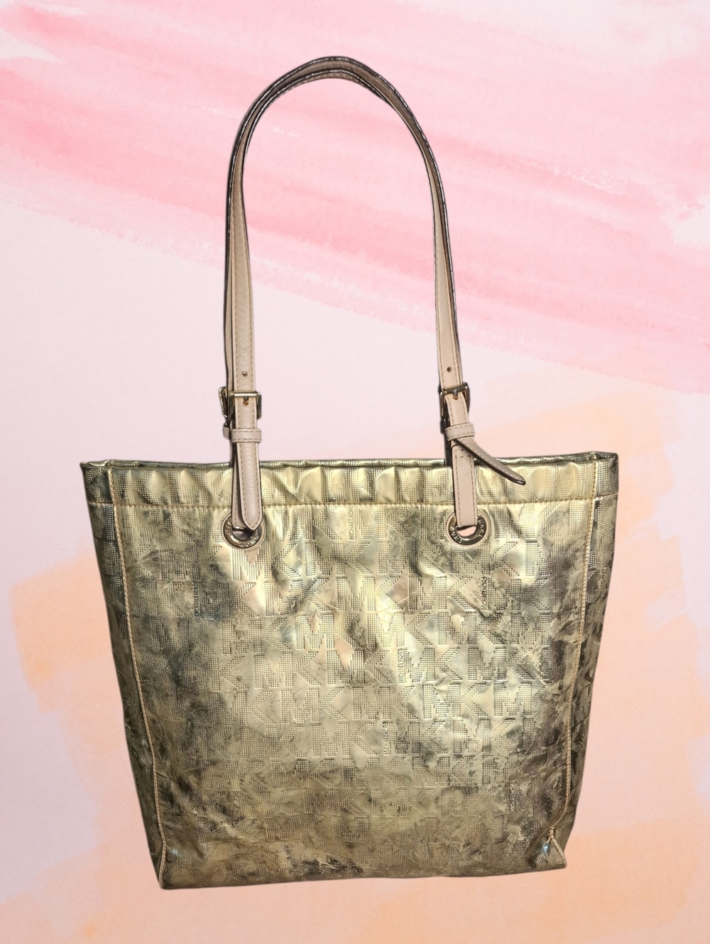 ✨️Michael Kors Shimmering Metallic Gold Jet Set Signature MK Tote Bag Purse